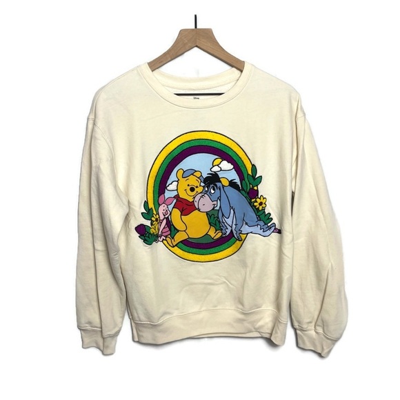 DISNEY WINNIE the POOH EEYORE Tufted Graphic Crew Sweatshirt Cream Size Medium - Picture 1 of 8